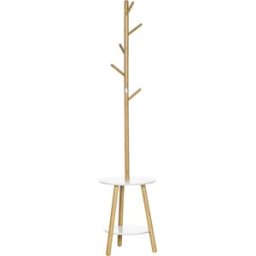 Homcom Appendiabiti da Terra per Ingresso in MDF e Alluminio con 5 Ganci in Bambù e Tavolino Rotondo, 39.5x39.5x171 cm, color Legno e Bianco Aosom