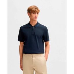 Boss Polo Paras blu in cotone micro armatura con apertura zip e bordino sul colletto