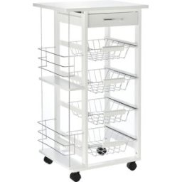 Homcom Carrello da Cucina Salvaspazio in Legno Bianco con 1 Piano di Lavoro 1 Cassetto e 4 Cestelli Metallici 47x37x83cm Aosom