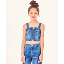 Liujo Top in denim di cotone stretch a lavaggio medio stone washed con tasche e zip