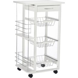 Homcom Carrello da Cucina con Cassetto, 3 Cesti Estraibili e 4 Ruote in Legno di Pino e Metallo, Bianco Aosom