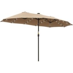 Outsunny Ombrellone da Giardino 4.5m con 48 Luci LED a Energia Solare, Ombrellone Doppio Parasole con Manovella, Cachi Aosom