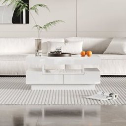 Gl Store Tavolino da Salotto con Striscia LED Integrata, 4 Cassetti Frontali e Posteriori, Bianco