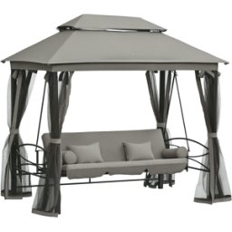 Outsunny Dondolo 3 Posti e Lettino Singolo Copertura a Gazebo con Zanzariera e Cuscini, Grigio Scuro 256x172x248cm Aosom