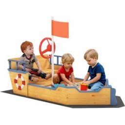 Outsunny Sabbiera per Bambini in Legno a Forma di Nave dei Pirati con Vano Contenitore, Gioco da Giardino 158x78x45.5cm Aosom
