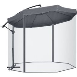 Outsunny Ombrellone da Giardino 3x3 m con Zanzariera, Apertura a Manovella e Base a Croce, Grigio Scuro