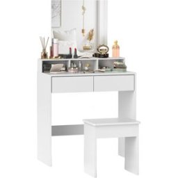 Homcom Tavolo da Trucco con Specchio, 3 Ripiani, 2 Cassetti e Sgabello, in Legno, 75x38x135 cm, Bianco