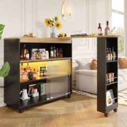 Fc Moderno tavolo bar estensibile e mobile, con LED, grande spazio di stoccaggio, adatto a cucine, ristoranti e bistrot, 138-204×39×105 cm, Nero