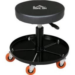 Homcom Sgabello da Officina con Ruote e Porta Attrezzi, Altezza Regolabile e Girevole, Ø40x25-48cm, Nero Aosom