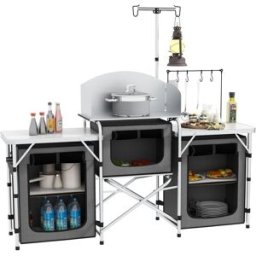 Outsunny Cucina da Campeggio Pieghevole a 3 Piani con 5 Ripiani Interni e 4 Ganci, 172x48x119 cm, Grigio e Argento Aosom