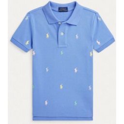 Ralph Lauren Polo azzurra in piquet di cotone a maniche corte con logo pony colorato ricamato all-over