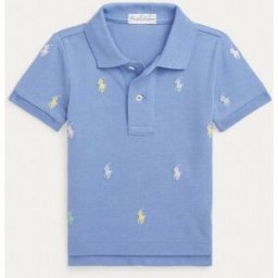 Ralph Lauren Polo celeste in piquet con logo pony colorati ricamati all-over e maniche corte