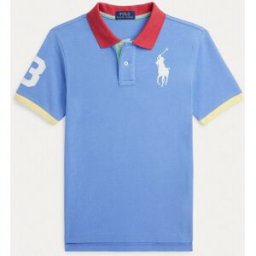 Ralph Lauren Polo celeste in piquet a maniche corte con collo e maniche in contrasto e maxi logo pony