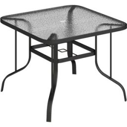 Outsunny Tavolo da Giardino Quadrato a 4 Posti con Piano in Vetro e Foro per Ombrellone Ø54 mm, Nero