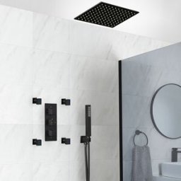 HudsonReed Sistema Doccia Termostatico Nero con Deviatore, Soffione Doccia da Incasso, Doccetta e Idrogetti (3 Vie) - Preto
