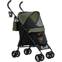 Pawhut Passeggino per Cani con 2 Finestre a Rete, in Acciaio e Tessuto Oxford, 76x44x103 cm, Nero e Verde Scuro