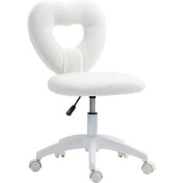 Homcom Sedia da Ufficio Imbottita con Schienale a Cuore e Rotelle, in Velluto Teddy e Plastica, 45x56x78-88 cm, Bianco