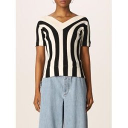 Bottega Veneta Top a v in maglia a coste a righe Panna Taglia M