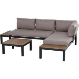 Outsunny Set da Giardino 3 Pezzi, 2 Divani a 2 Posti e 1 Tavolino da Caffè, Cuscini Imbottiti e Telaio in Alluminio, Grigio e Legno Naturale Aosom