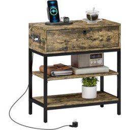 Homcom Tavolino da Divano con Cassetto e 2 Ripiani Stile Industriale, in Legno e Metallo, 60x30x66.5 cm, Nero e Marrone