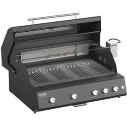 Barbecue a gas Fry Top 750 Range 5 fuochi Nero Pianeta Grill, con griglie a tondino