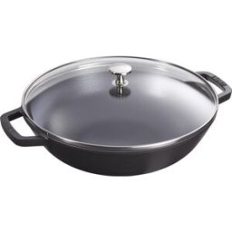 Staub Wok in ghisa per induzione colore nero con maniglie e coperchio in vetro , diam. 30cm