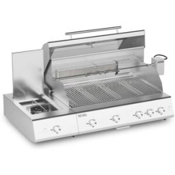 Barbecue a gas Fry Top 750 Range 5 fuochi con girarrosto Pianeta Grill, con griglie a tondino e con fornello laterale
