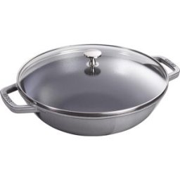 Staub Wok in ghisa per induzione colore grigio con maniglie e coperchio in vetro , diam. 30cm