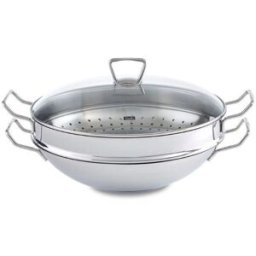 Wok con manici, coperchio in vetro e cestello per vapore Fissler