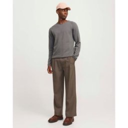 Jack & Jones Maglia grigia girocollo in puro cotone punto pepe con maniche raglan