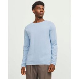 Jack & Jones Maglia azzurra girocollo in puro cotone punto pepe con maniche raglan