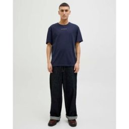 Jack & Jones T-shirt mezza manica blu in jersey con stampa d'ispirazione giapponese su petto e retro