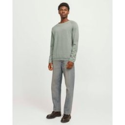 Jack & Jones Maglia salvia girocollo in puro cotone punto pepe con maniche raglan