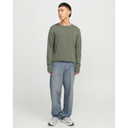 Jack & Jones Maglia girocollo verde militare in puro cotone a punto rasato con bordi a rullino