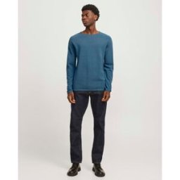 Jack & Jones Maglia blu indaco girocollo in puro cotone punto pepe con maniche raglan