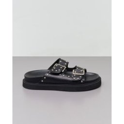 Hlo! Sandali bassi neri in pelle con applicazioni in strass e borchie