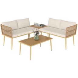 Outsunny Set Salotto da Esterno in Rattan PE con 2 Divani a 2 Posti con Cuscini e 2 Tavoli da Caffè, Colore Legno