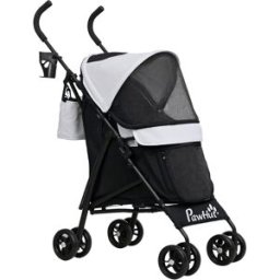 Pawhut Passeggino per Cani con 2 Finestre a Rete, in Acciaio e Tessuto Oxford, 76x44x103 cm, Nero e Grigio Chiaro