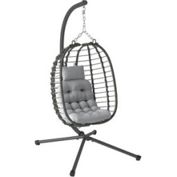 Outsunny Sedia Sospesa in Rattan a Uovo con Cuscino e Poggiatesta, Altezza Regolabile e Seduta Richiudibile, Grigio