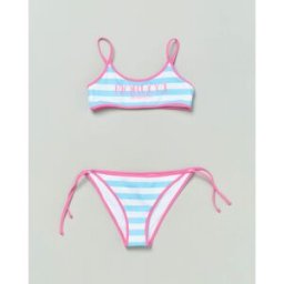MC2 Saint Barth Bikini mare a righe azzurre e bianche con profili fucsia e scritta Fiorucci