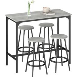 Homcom Set da Pranzo 5 Pezzi con Bancone da Bar 110x50x89.5 cm e Sgabelli Ø30x60.5 cm in Legno e Metallo Grigio e Nero