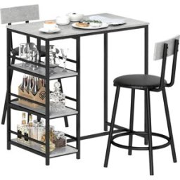 Homcom Set da Pranzo 3 Pezzi con Bancone Bar con Ripiani e 2 Sedie Alte con Schienale, Grigio Chiaro