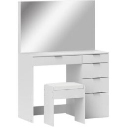 Homcom Set Tavolo da Trucco con Specchio e 5 Cassetti 97.2x44.5x136.5 cm e Sgabello Imbottito 40x24x46 cm, Bianco