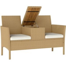 Outsunny Panca da Giardino con Tavolino a Ribalta Portaoggetti, in Rattan e Acciaio, 134x58x82 cm, Crema e Cachi