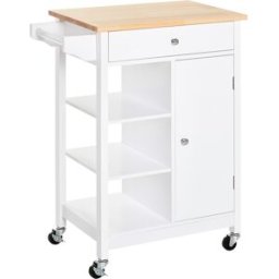 Homcom Carrello da cucina con cassetto armadio e ripiani aperti, carrelli portavivande con 4 route a 360°, di legno bianco 66 x 39,5 x 86,5 Aosom
