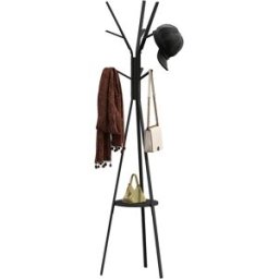 Homcom Attaccapanni da Terra in Metallo 180cm, 9 Ganci, 1 Ripiano, Base Triangolare, Ideale per Soggiorno, Camera da Letto, Ingresso, Nero Aosom
