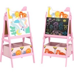 Aiyaplay Cavalletto Artistico per Bambini 3-8 Anni con Lavagna a 2 Lati e 2 Cestini Contenitori, in Legno, 53.5x49x113 cm, Rosa