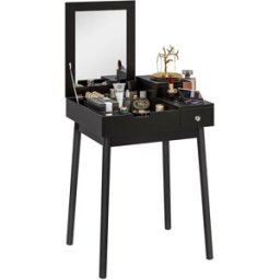 Homcom Tavolo da Trucco 2 in 1 con Specchio Ribaltabile e 2 Cassetti, 60x50x85.5 cm, Nero Aosom Italy