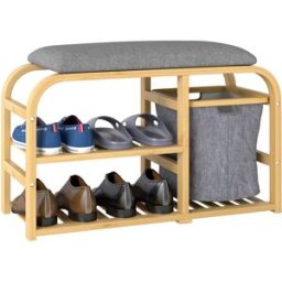 Homcom Panca Scarpiera da Ingresso con Seduta Imbottita, Design a Doghe e Cestino Estraibile, 70x30x45 cm, Legno Aosom Italy