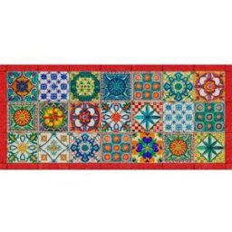 Tessitura Toscana Telerie Tappeto Camastra a fantasia piastrelle siciliane multicolor e bordo rosso 52x120 cm